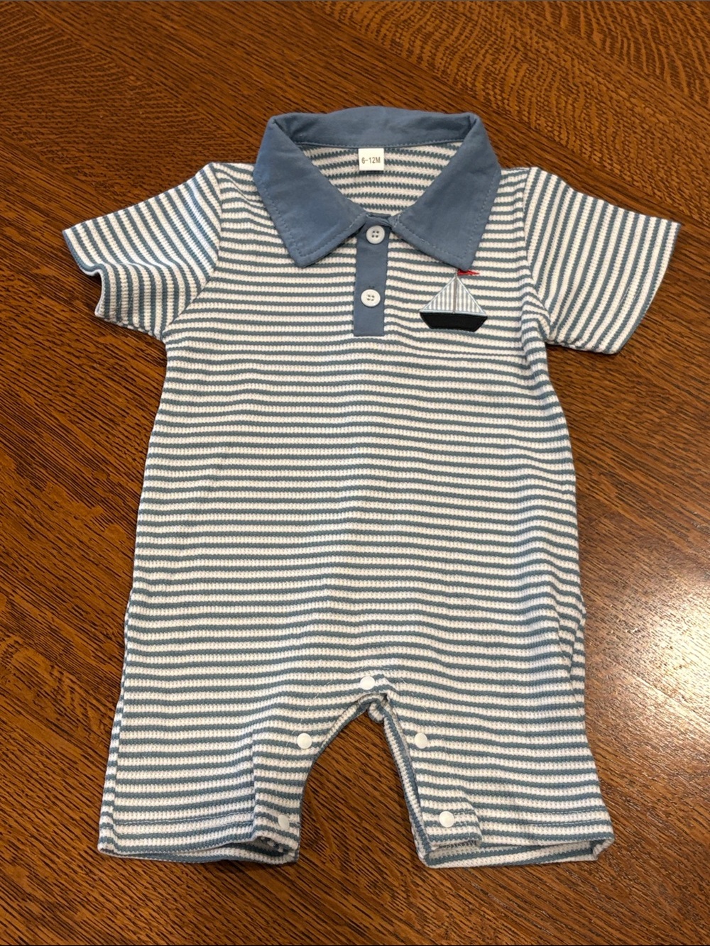 Infant size 6-12 month Blue & White Striped Baby Polo Romper with Sailboat. NWOT